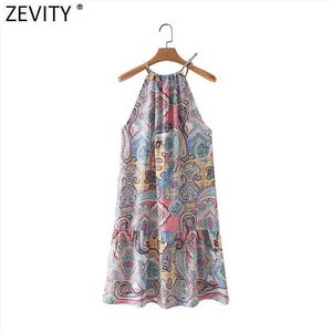 Zevity Women Vintage Totem Cashew Nuts Flower Print Halter Mini Dress Female Chic Bohemian Vestidos Casual Clothing DS8322 210603