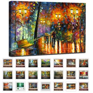 Large Handpainted Lover Rain Street Tree Lamp Knife Landscape Oil Painting On Canvas Wall Art For Living Room Home Decor Picture 210310