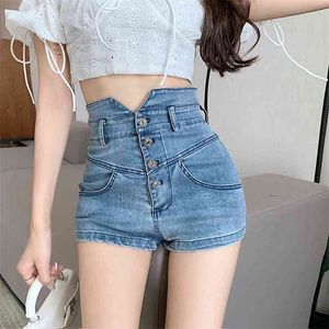 Hög midja breasted knapp smal denim shorts kvinnlig sommar streetwear jeans stretchy mode vintage byxa 210601