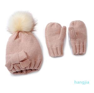 Fashion Baby girl beanie gloves set poms knitted pink beige children Caps glove sets Boys Girls Soft Knit Hat wholesale