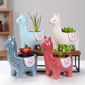 Ceramic Sheep Shape Animal Flower Pots Mini Pig Plant Pot Basin Micro Vase Bonsai Succulent Planter Decor Crafts Potted Pottery 210615