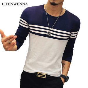 Jesień Casual T Shirt Mężczyźni Moda Paski O Neck Z Długim Rękawem Męska Koszulka Trend Slim Fit Mens Odzież Trend Hip Hop Top Tees 5XL 210528