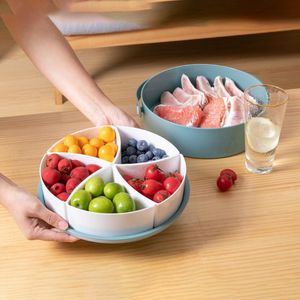 Gift Wrap Plastic Multifunctional Plate Round Dried Fruit Food Snack Serving Tray Divided Nuts Candy Storage Box With Cover Blue