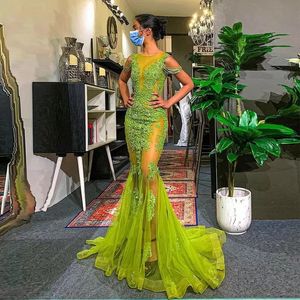 Sexy Sheer Bodice Mermaid Tulle Prom Dresses Pizzo Applique O Neck Party Party Donne indossare Zipper Back Bridal Gowns