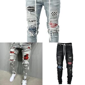 Calças de brim pretas skinny rasgadas grade retalhos estiramento denim calças elásticas hip hop jogging lápis calças 2020 roupas masculinas x0621