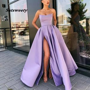SATSweety Prom -klänningar med hög slits satin lila vestidos de gala aftonparty klänningar prom klänning robe de soiree