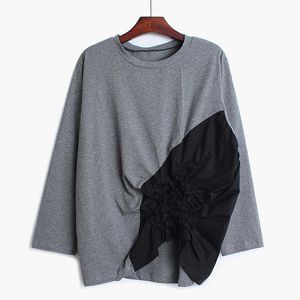 Shirt Pleated Cool Hem O Neck Långärmad T-shirt Kvinnors Koreanska Loose Solid Chic Toppfjäder 210615