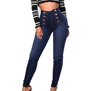 Урожай женские джинсы повседневные тощие высокие талии джинсовые брюки двубортные тонкие джинсы узкие брюки плюс размер S-5XL