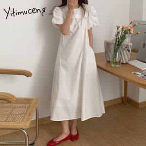 Yitimuceng Midi Klänningar för kvinnor Hög midja Kort puffhylsa Vit Navy Blå Sundress Sommar Koreansk Fashion Dress 210601