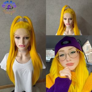 Yellow Color Transparent Lace Frontal Wig 13x3 Straight Synthetic Lace Front Wig Kanekalon Cosplay Wig For Black White Women