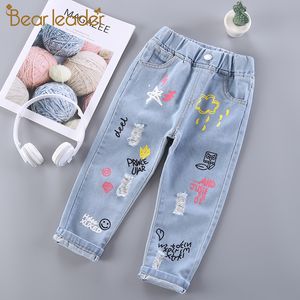 Bear líder meninas crianças jeans nova moda bebê menina denim calças toddler cartoon padrão leggings crianças roupas para 2 6 anos 210317
