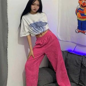 HOUZHOU Pink Corduroy Wide Leg Pants Women Korean Style Summer Straight High Waist Trousers Female Fashion Streetwear Aesthetic 211115