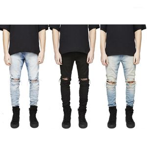 Jeans Masculinos Slim Fit rasgado Homens Hi-Street Mens Afligido Denim Juntos Joelho Buracos Lavados Destroyed Plus S1