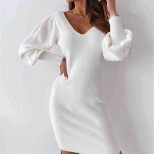 Kleid Puff Sleeve Sexy Kurzes Kleid Mode Frauen Club Backless Outfits Faul V-ausschnitt Robe Vintage Kleidung Vestidos Weibliche Y1204