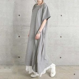 Japanese style literature and art model pure color simple temperament loose pleated swing short sleeve Jumpsuit long skirt 210615