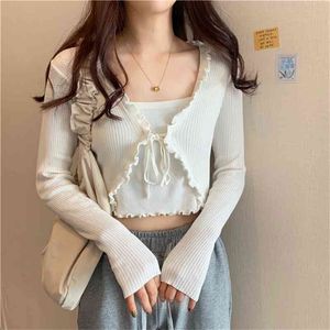 Womens Cardigan One Pieces Sets Knitted Sweater Korean Clothing Lace Up Cardigans Thin Slim Crop Tops Pullover 210810