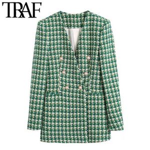 TRAF Women Fashion Double Breasted Tweed Blazer Coat Vintage Long Sleeve Welt Pockets Female Outerwear Chic Veste Femme 211116