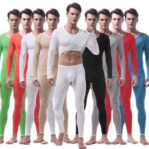 Men's Thermal Underwear Suit Sexy Ultra-thin Long Johns Lce Silk Translucent Lounge Pajamas Men Tights Undershirt leggings sets 211211