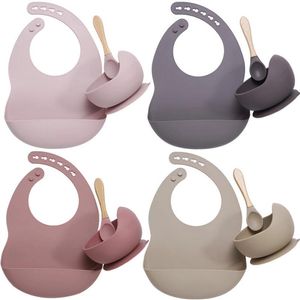 Baby Alimentação Placos utensils Borda de silicone de grau de alimento Placa Placa de sucção não prateada Crianças de mesa de mesa colher à prova d'água com alça de madeira 3pcs/conjunto de mar zyy718