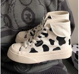 2021 Yüksek Top Platformu Inek Tuval Kadın Ayakkabı Sevimli Dantel-up Bayanlar Rahat Sneakers Bahar Eğlence Ayakkabı Açık Kadın Flats Y0907