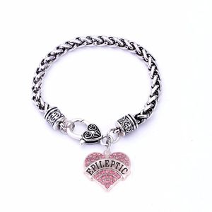 Wholesale alert bracelet for sale - Group buy Charm Bracelets EPILEPTIC Awareness Alert Crystal Heart Silver Plated With CM Wheat Chain Lobster Claw Bracelet Sign Jewelry