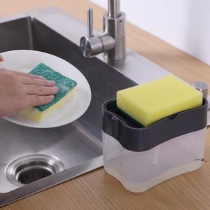 NEWSoap Pump Dispenser with Sponge Holder Cleaning Liquid Dispensers Container Manual Press Soaps Organizer Kitchen Cleaner Tool LLE9318