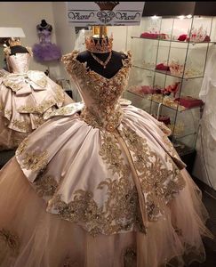 Bling Princess Quinceanera Dresses Gold Lace Appliques Crystal Beading Cap Sleeves Ball Gown Formal Party Dress Evening Gowns Vestidos 403