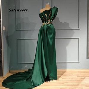 Demure Emerald Green Mermaid Satin Evening Dresses Real Image Gold Applicques pärlor Långa promklänningar Ruffles Formell klänning3045