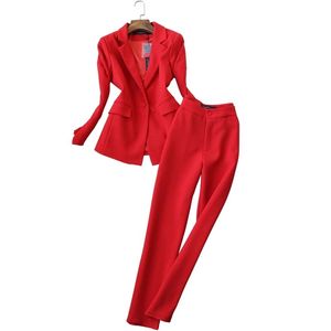 Kadın Pantolon Set İki parçalı Yüksek Kaliteli Sonbahar Kore Ince Bayanlar Kırmızı Ceket Küçük Takım Rahat Ofis Pantolon 210527
