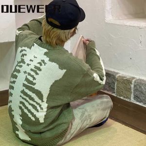 Dueweer Männer Frauen übergroße Stickereien gestrickte Pullover Hip Hop Hole Schädel Japanische Streetwear Distressed Pullovers Sweaterp0805