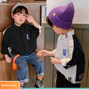 Boy's Stripe Spell Color Shirt Fashion Autumn Korean Style Top Big All-match Dress 210713