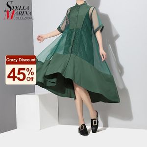 Zwei Stücke Frauen Sommer Solide Grün Midi Transparent Mesh Kleid Set Futter Weste Plus Größe Damen Casual Sheer Kleider Robe 2564 210309