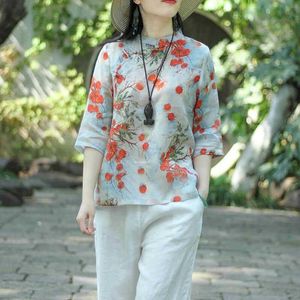 summer imitation cotton linen Chinese style disc button printing stand-up collar large size loose ethnic blouse retro shirt 210526