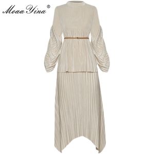Moaayina Fashion Designer Suit Spring Summer Women Lantern Sleeve Loose Lace-up Toppar + Asymmetrisk Skirt Pläterad Tvådelad Set 220302