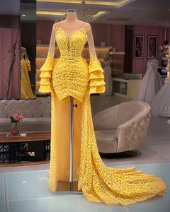 Prom Bright Yellow Dresses With Löstagbart tåg Sheer Neck Long Sleeve Vestidos de Fiesta Lace Pärled Custom Made Women Evening Dress