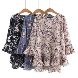 Mode Trompetenärmel Chiffon-Shirt Frauen Retro Frühling und Sommer koreanische lose große Blumenbluse 210719