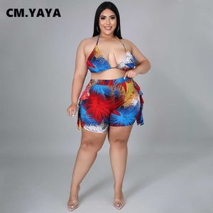 CM.YAYA Women Plus Size Set Print Bandage Halter Bra Tops Skinny Shorts Two 2 Piece Sets Sexy Night Clubwear Summer Outfits 2021 X0709