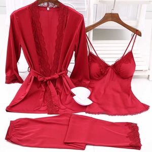 Frauen Pyjamas Satin Seidig Pyjama Set Sexy Spitze Robe 3 stücke Anzug mit Brust Pad Dessous Lange Hosen Nachtwäsche Weibliche Lounge tragen Q0706