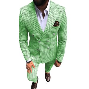 Men suits for wedding 2021 double breasted blazer Plaid tuxedo men 2 Pieces Mint Green groomsmen suits (Blazer+Pants) X0909