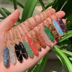 Gold Color Copper Wire Wrap Natural Stone Pillar Pendulum Pendant Reiki Healing Crystal Necklace Hexagonal Bullet Amethyst Pink Quartz Chakras Pendulo Jewelry