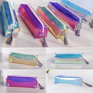 Transparent Laser PencilCase Cute Stationery Tassels Pencil Bags Cosmetic Makeup Bag Tassel Zipper for School Office Travel WLL193