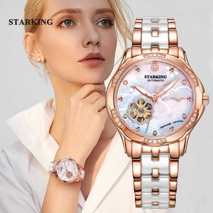 STARKING 34mm relógio automático Rose Gold Steel Case Vestido Es Esqueleto Mulheres Transparentes Mecânica relógios de pulso 210616