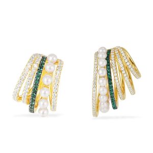 Stud Pearl Earrings for Women Jewelry Luxury Charm White and Green Zirconia Ear Clip