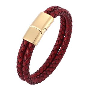 Charm Armbänder Doppelschicht Retro Rot Geflochtenes Lederarmband Männer Edelstahl Magnetverschluss Armreifen Modeschmuck Männliches Handgelenk Band G