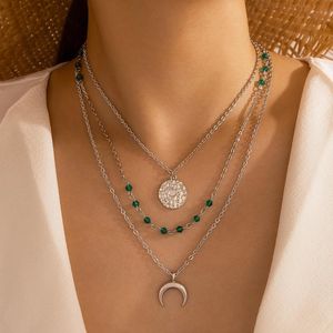 Bohemian Sillver Color Moon Pendant Necklace For Women Charms Multilayer Sweater Chain Bead Geoemtric Jewelry