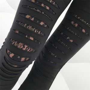 Women Fashion Style Sexy Lace Leggings Torn Ripped Hole Ankle Length Trousers Summer Pants Black XXL Plus Size 211215