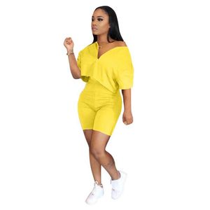 Dwuczęściowy zestaw Kobiety Dres Dressuit Fitness Full Sleeve Loose Crop Top Riker Spodenki Soc Garnitury Lounge Wear Pure Color Summer Clothing Y0702