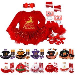 My 1st Christmas Baby Girls Romper Set Pantaloncini Abito Dress Set Halloween Costume Vestiti Abbigliamento bambino 4pcs Regali del bambino di Natale 210312