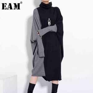 [EAM] Women Black Gray Knitting Big Size Long Dress New Turtleneck Long Sleeve Loose Fit Fashion Tide Autumn Winter 2022 1D67501 G1214
