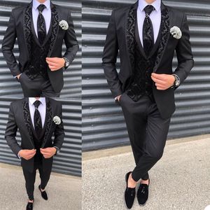 Black Pattern Mens Tuxedos Groom Wear One Knapp Bröllopsbyxor Passar Business Prom Party Blazer Jacket 3 stycken